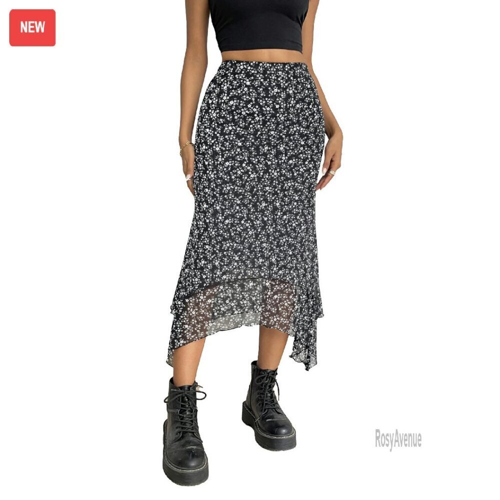 Mesh Mermaid Midi Skirt High Waist Asymmetrical Fishtail Long Skirt